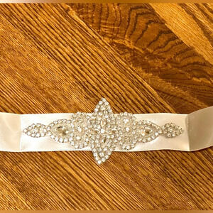 Ivory Satin Rhinestone Crystal Bridal Sash Belt Wedding Dress Accessory One Size